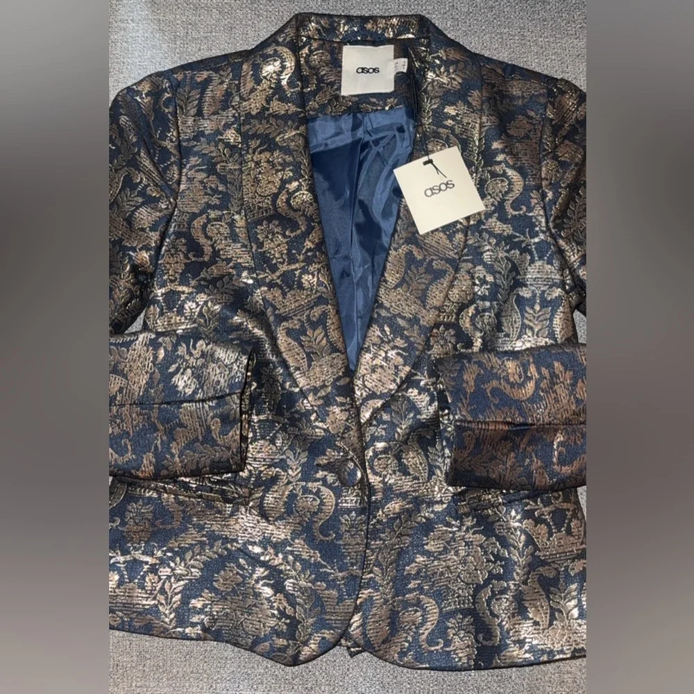 NWT ASOS Metallic Shimmer Blue and Gold Paisley Women's Blazer - Picture 3 of 7